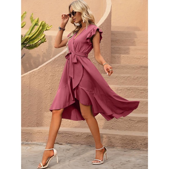 Butterfly Sleeve Ruffle Trim Wrap Hem Belted high low midi Dress - Picture 6 of 11